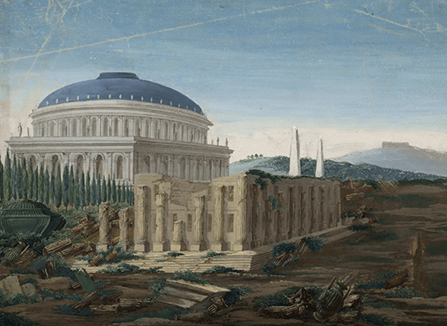 Vista de la recreación de un edificio de la Antigüedad y ruina clásica (DIB/18/1/2090)