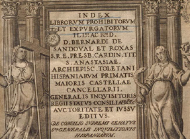 Frontispicio barroco del índice de Bernardo de Sandoval. Index librorum prohibitorum et expurgandorum, Madriti: apud Ludovicum Sanchez typographum regium, 1612 . BNE 3/18530