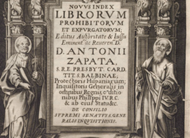 En el frontón del índice del inquisidor Zapata están representados el escudo del Santo Oficio, las alegorías de la Iglesia y de la Fe y, en los laterales, san Pedro y san Pablo. Nouus index librorum prohibitorum et expurgatorum, Hispali: ex typographia 