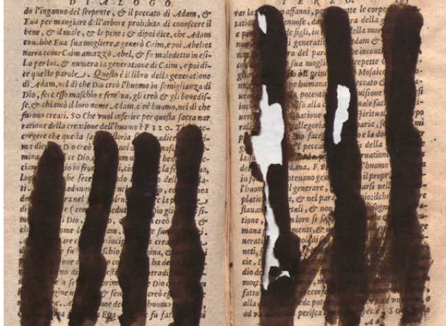 Expurgación con pinceles de una obra de León Hebreo incluida en los índices portugueses y romanos: Dialoghi di amore, In Venetia: appresso Giouanni Alberti, 1586. BNE R/4221