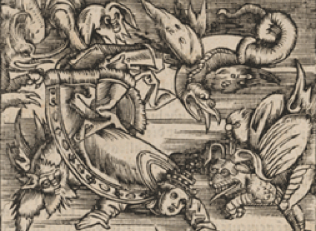 El papa se precipita en el infierno. Martín Lutero, con grabados de Lucas Cranach, Passional Christi und Antichristi, Strassburg: Johann Knobloch, 1521. BNE U/3139