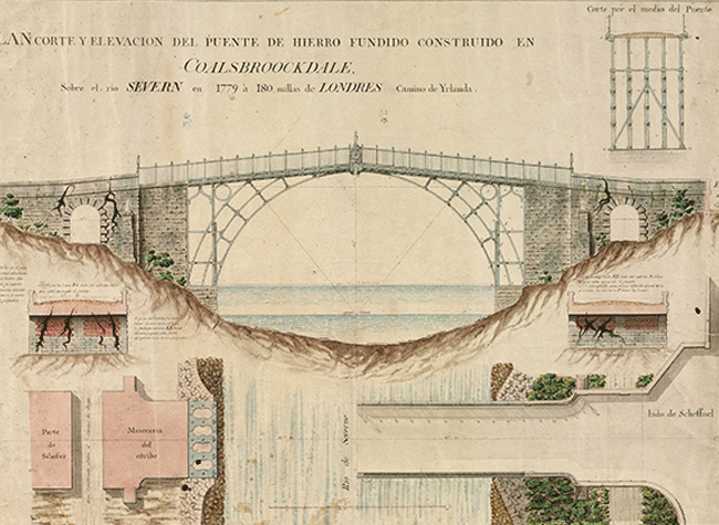 Anónimo español (s. XVIII)  PLAN CORTE Y ELEVACION DEL PUENTE DE HIERRO FUNDIDO CONSTRUIDO EN COALSBROOCKDALE .. [Material gráfico]. [1788-1796). BNE DIB/14/45/88