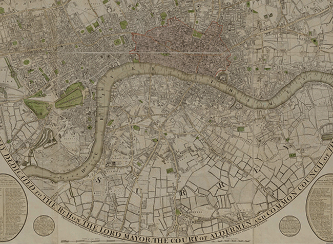 B. Londres (Gran Bretaña). Ca. 1775. Planos de población.  Bowles's New Plan of London, Westminster and Southwark, with their Environs to the Extent of Three Miles Round St. Paul's [Material cartográfico]. [ca. 1775] London: Printed for the Proprietors Bowles & Carver Nº 69 St. Paul's Church Yard, [ca. 1775]. BNE MR/3/I SERIE 09/127
