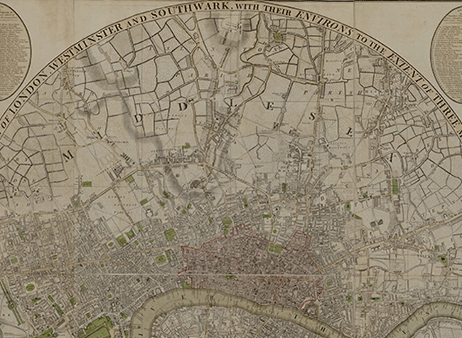 A. Londres (Gran Bretaña). Ca. 1775. Planos de población.  Bowles's New Plan of London, Westminster and Southwark, with their Environs to the Extent of Three Miles Round St. Paul's [Material cartográfico]. [ca. 1775] London: Printed for the Proprie
