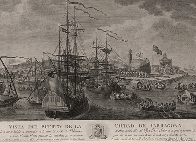 Vázquez, Antonio (fl. 1795-1817) [Peña botada en el puerto de Tarragona en presencia de los Reyes] BNE INVENT/18576